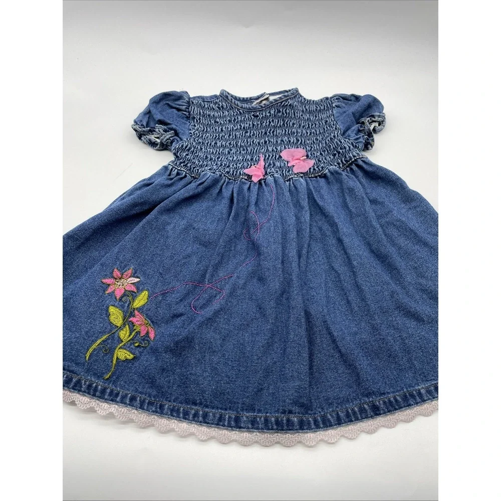 Vintage Sweet Heart Rose denin jean Dress Sz 3 T Floral Butterfly‎ Cap Sleeve